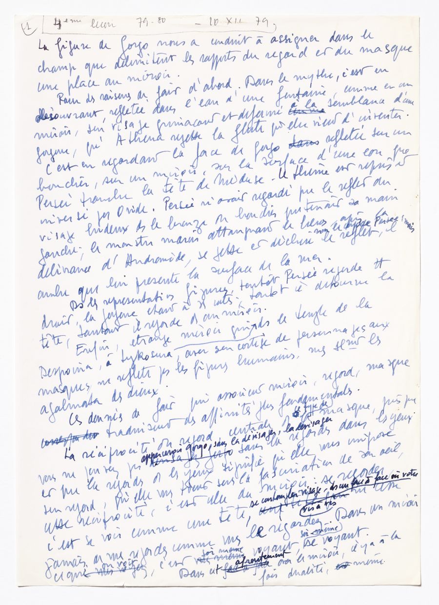 Jean-Pierre Vernant, page du manuscrit de  La mort dans les yeux : figures de l’Autre en Grèce ancienne (Artémis, Gorgô). Archives Jean-Pierre Vernant/Imec.